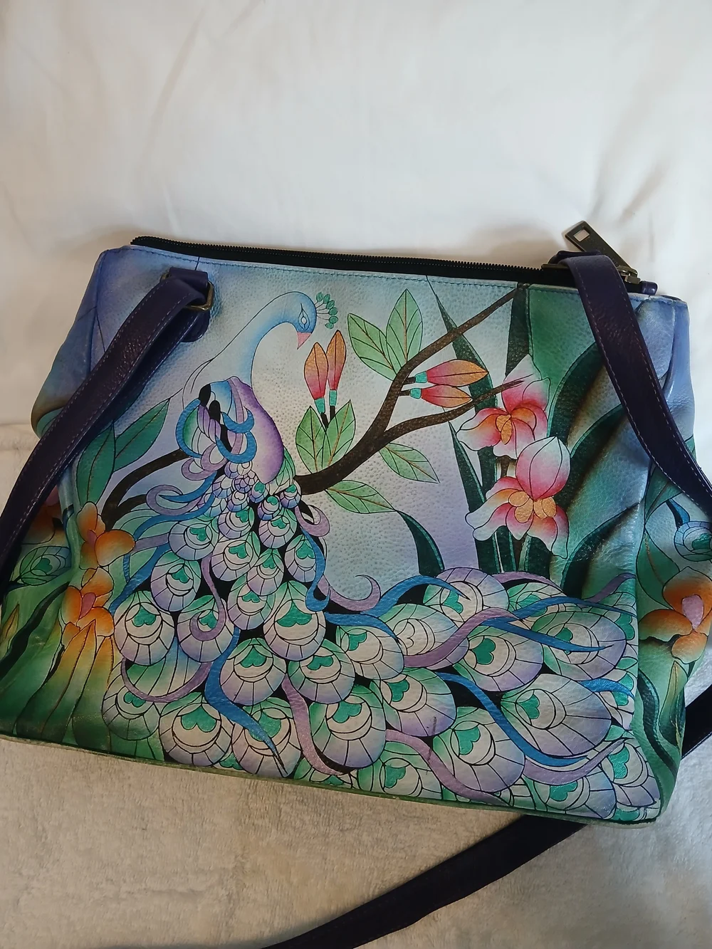 Anuschka Hand-Painted Floral Leather Crossbody Bag in Blue-Green - Picture 2 of 9